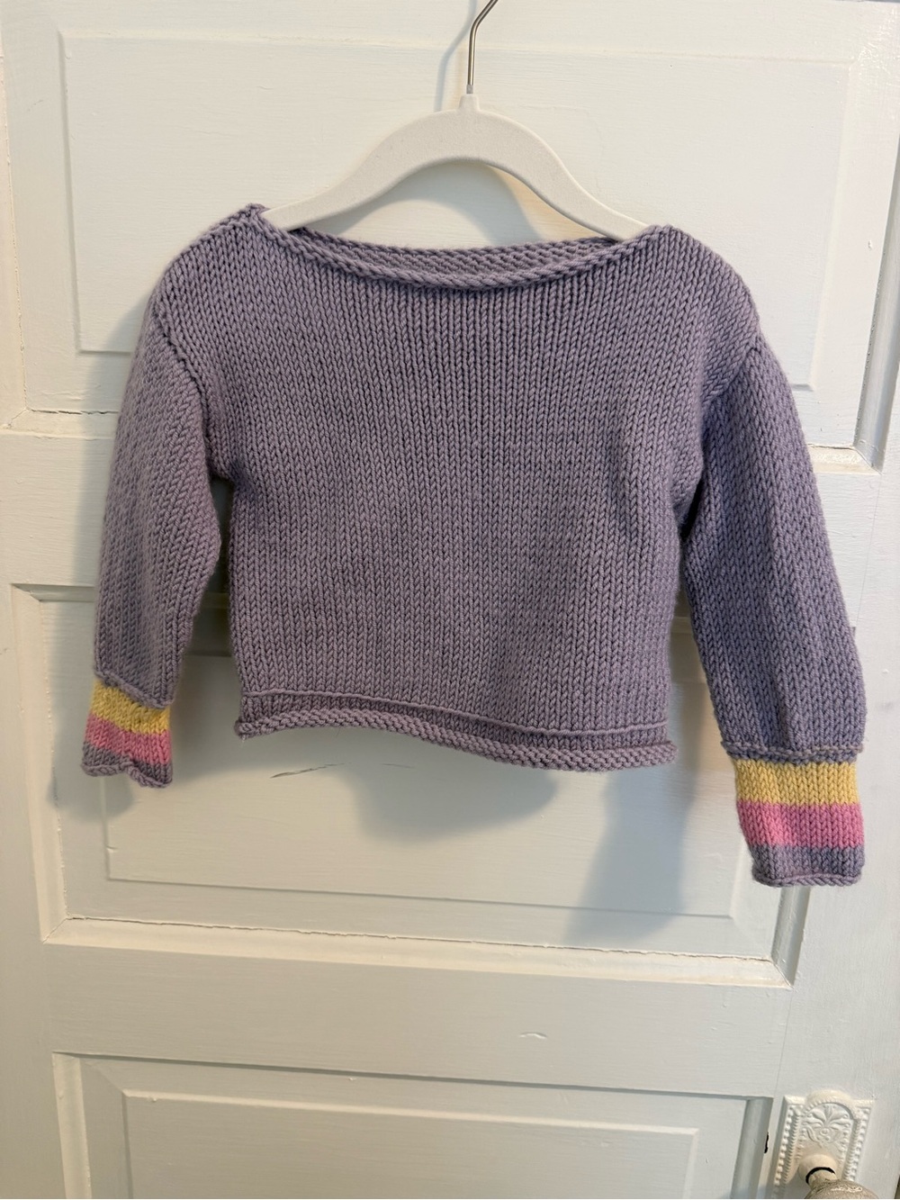 Lilac Knit Crewneck Sweater with Pink and Yellow Cuff Stripes